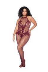 Vino Noir Floral Fishnet Bodystocking - X - Cherry