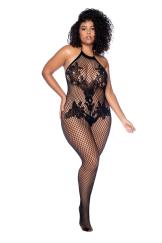 Vino Noir Floral Fishnet Bodystocking Plus - O/sx - Black